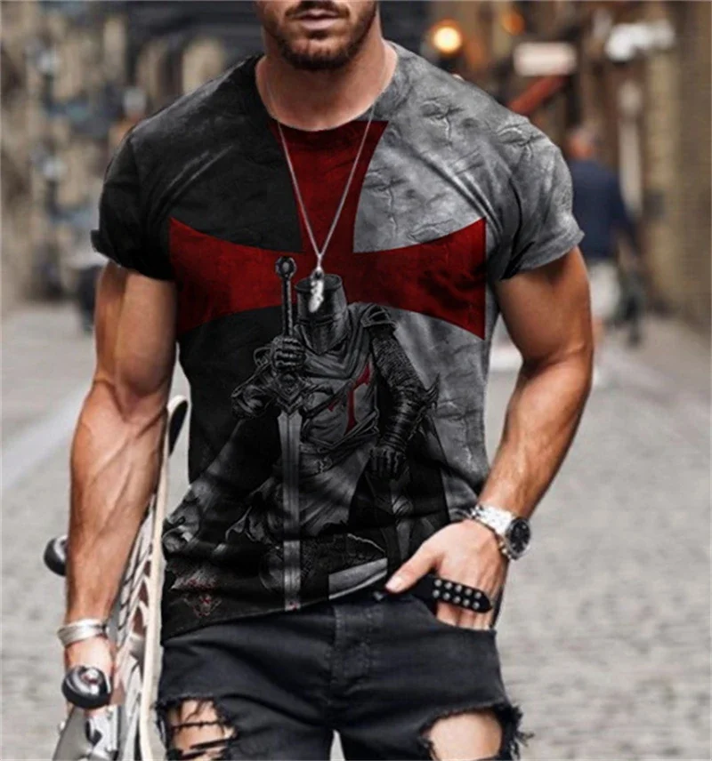 Herren-T-Shirt mit Aufdruck des Templerkreuzes, Rundhalsausschnitt, kurze Ärmel, mittelalterlicher Krieger, lässiges T-Shirt