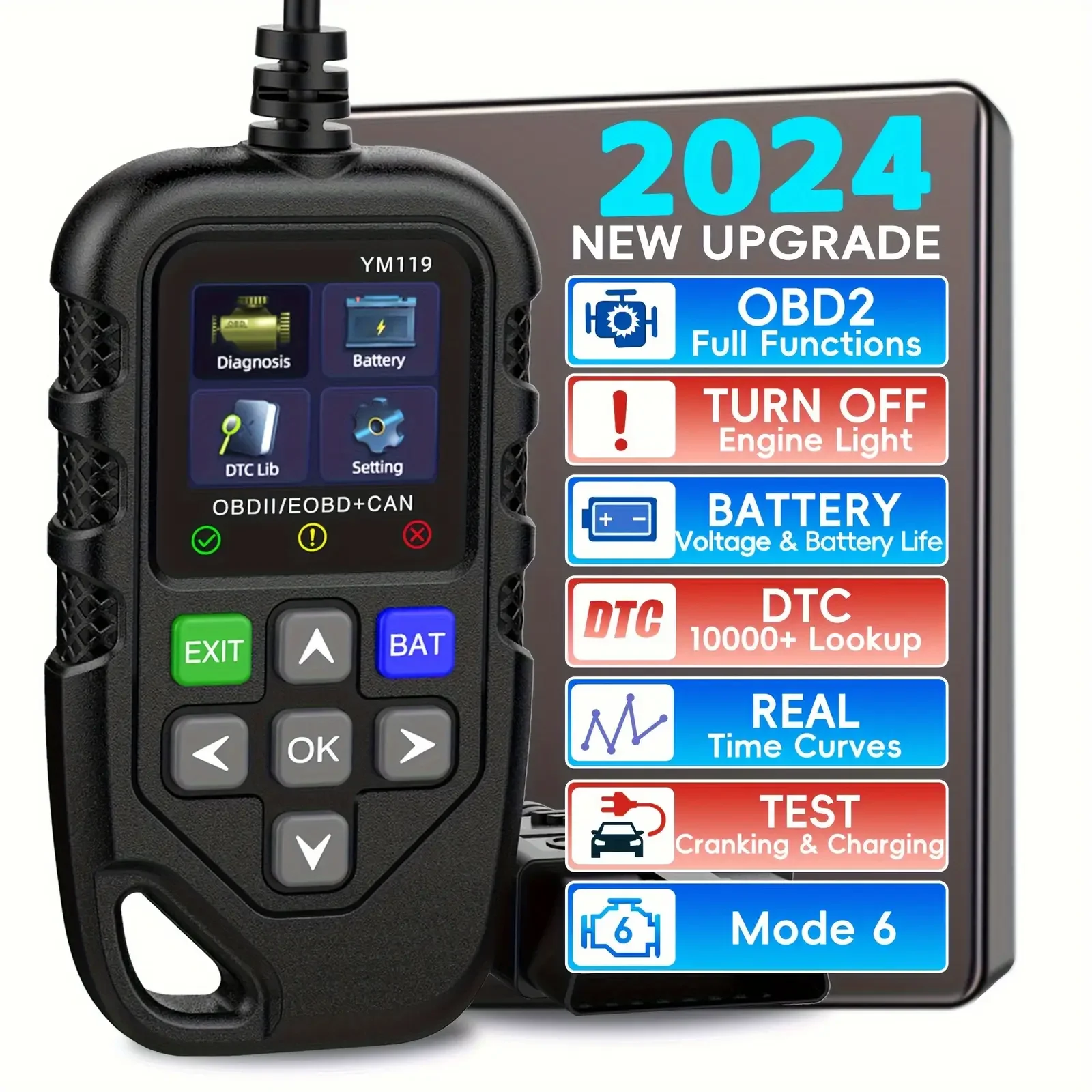 

YM119 OBD2 Scanner with Battery Test OBDII Scanner Diagnostic Tool Code Reader Multi-language Clear/Erase Code Work for all cars