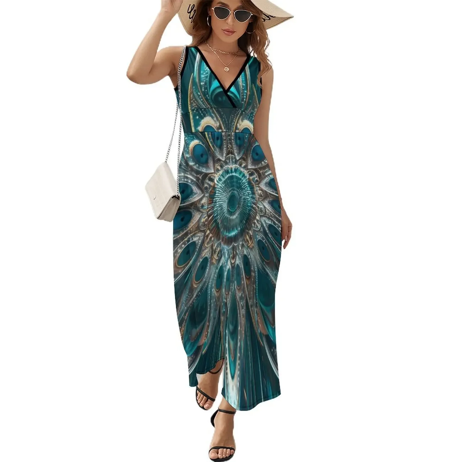 

Turquoise and gold peacock feather mandala Short-Sleeved Dress Female dress Elegant gowns dresses for woman bandage dress