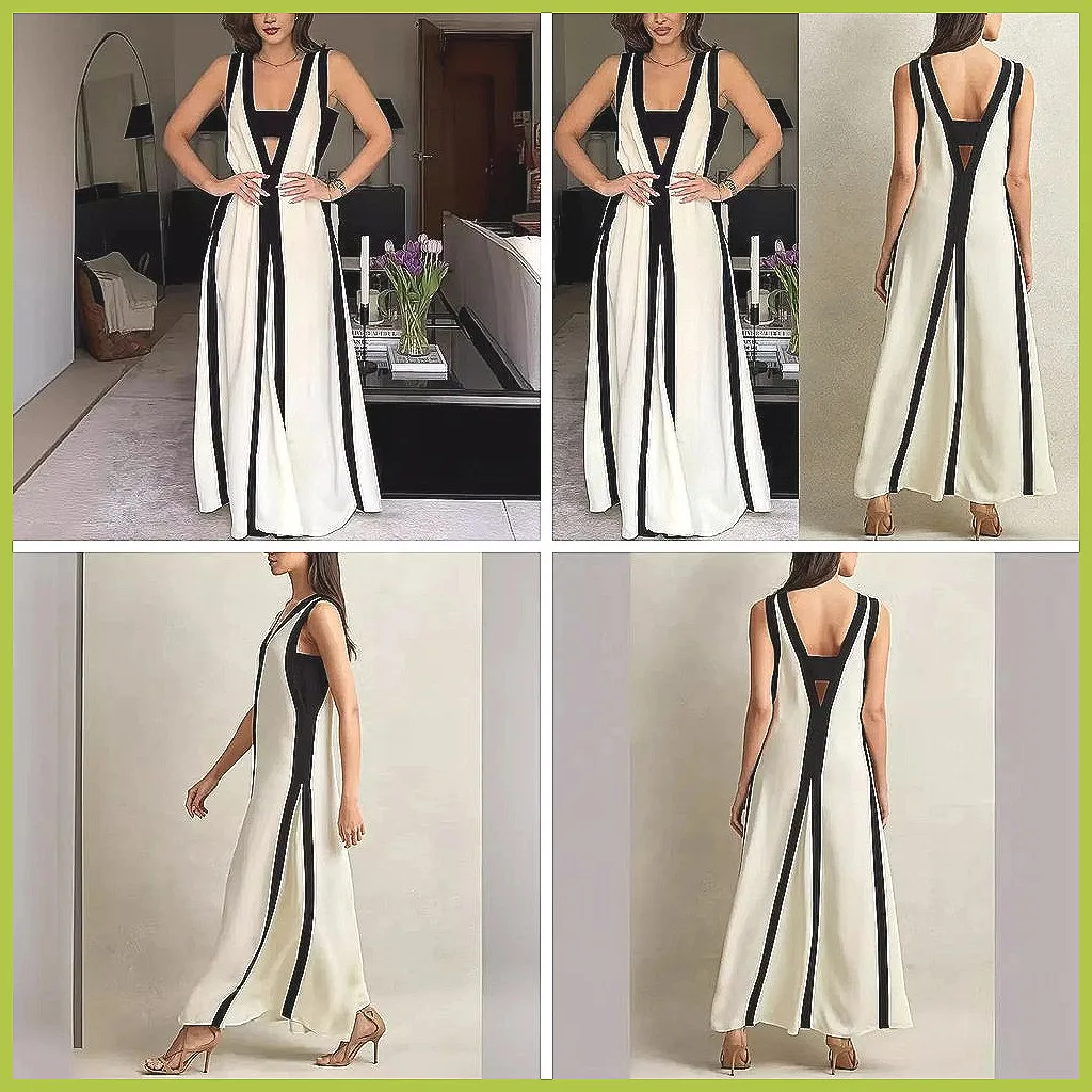 

Reversible V-Neck Hollow Maxi Dress - Elegant Sleeveless Office Dress for Women