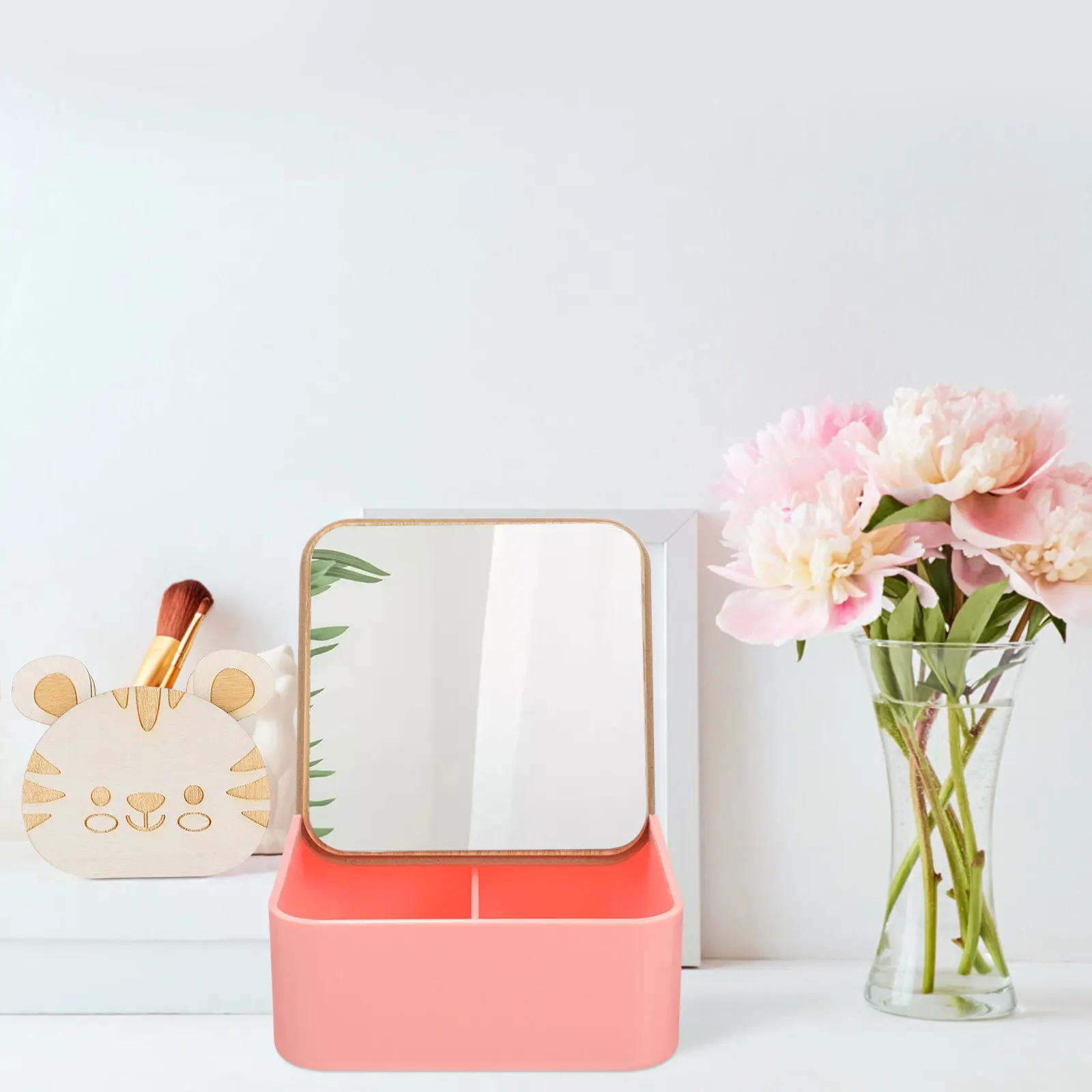 

Bamboo Wood Makeup Mirror Clamshell Type Desk Storage Box Clear Hd Surface Stable Base For Daily Use Mirror