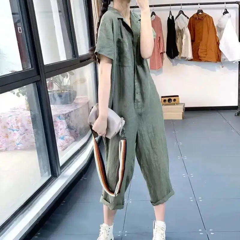 

Summer Loose Casual Collar Short Sleeve Jumpsuit Women's Japanese Style