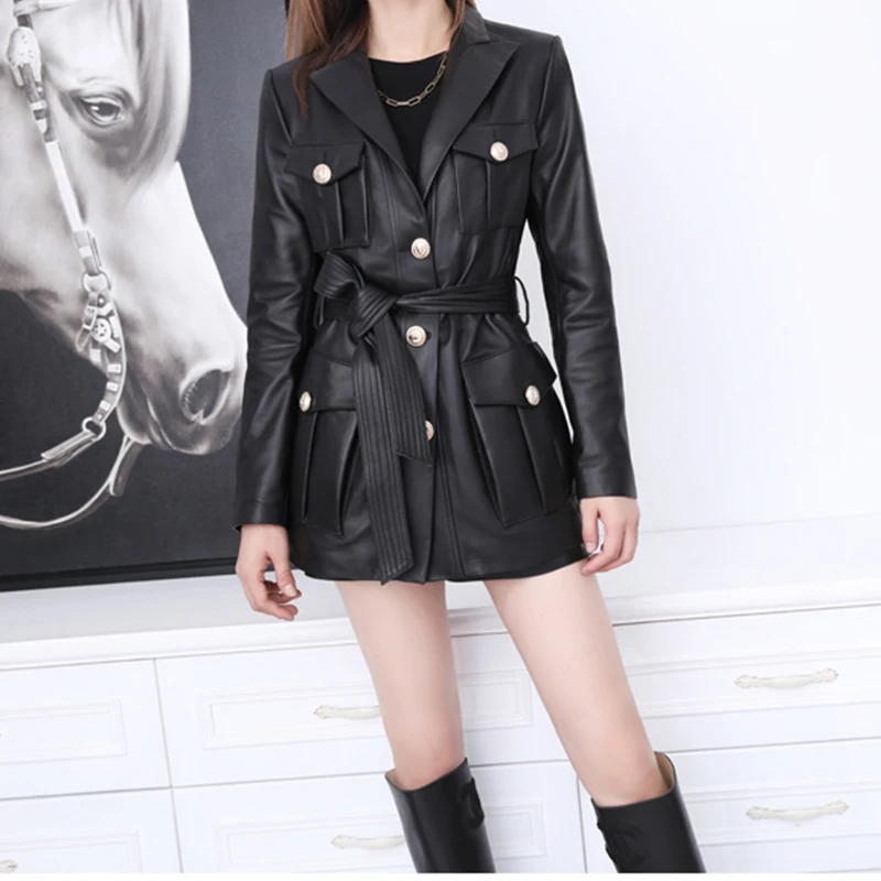 2023 Leather Suit Jacket Women's Spring New Motorcycle Metal Buckle Belt Slim fit Pocket Medium and Long Genuine Leather Outerwe