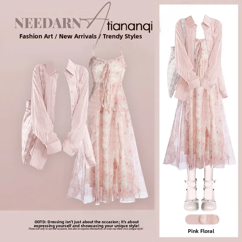 

Korean Style Long Sleeve Collar Shirt Jacket Women's Floral Halter Dress Set Summer New Arrival Elegant Fashion Women's ...