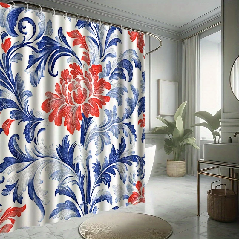 

4pcs Blue Leaf Red Flower Shower Curtain Set, White Background with Porcelain Style Designs, High Quality Includes Non-Slip
