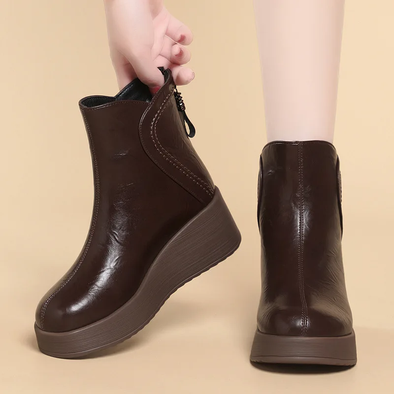 

5.5cm Comfortable Elegant Women's Shoes Soft Leather Boots Winter 2025 Flat Platform Warm Fur Ankle Boots Office Work Mom Daily