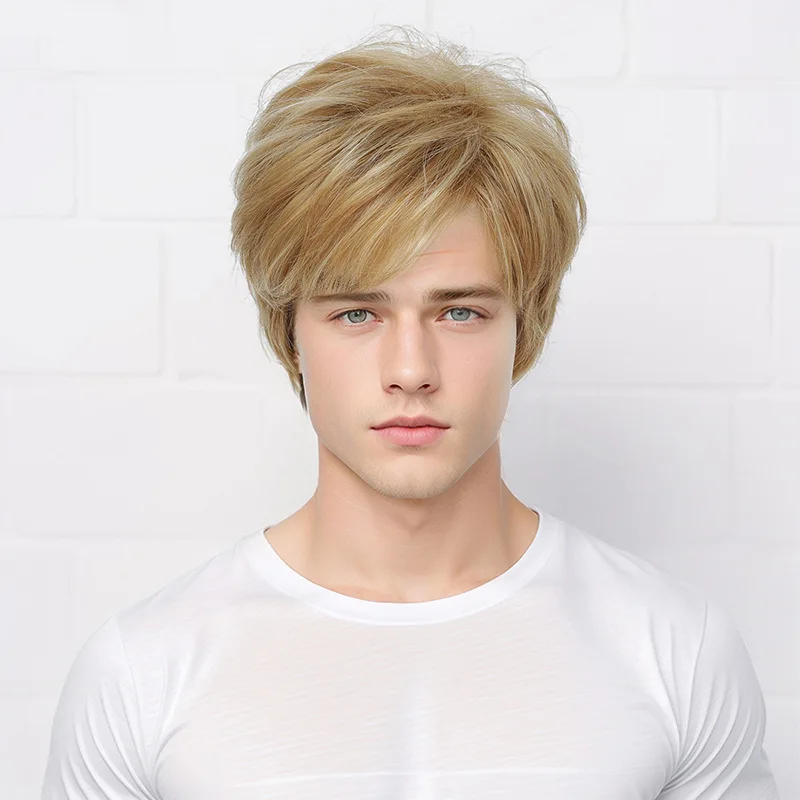 Boys' Short Hair Fluffy European and American New Slanted Bangs Gold Micro Curly High-Temperature Silk Wig-Synthetic Fiber Wig
