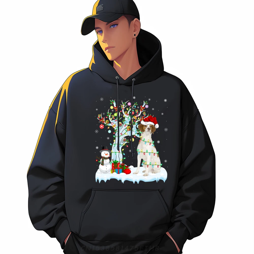 

Xmas Tree Lighting Santa Hat Brittany Spaniel Dog Christmas Brand Hoodie New Hoodie Men Christmas Sweater