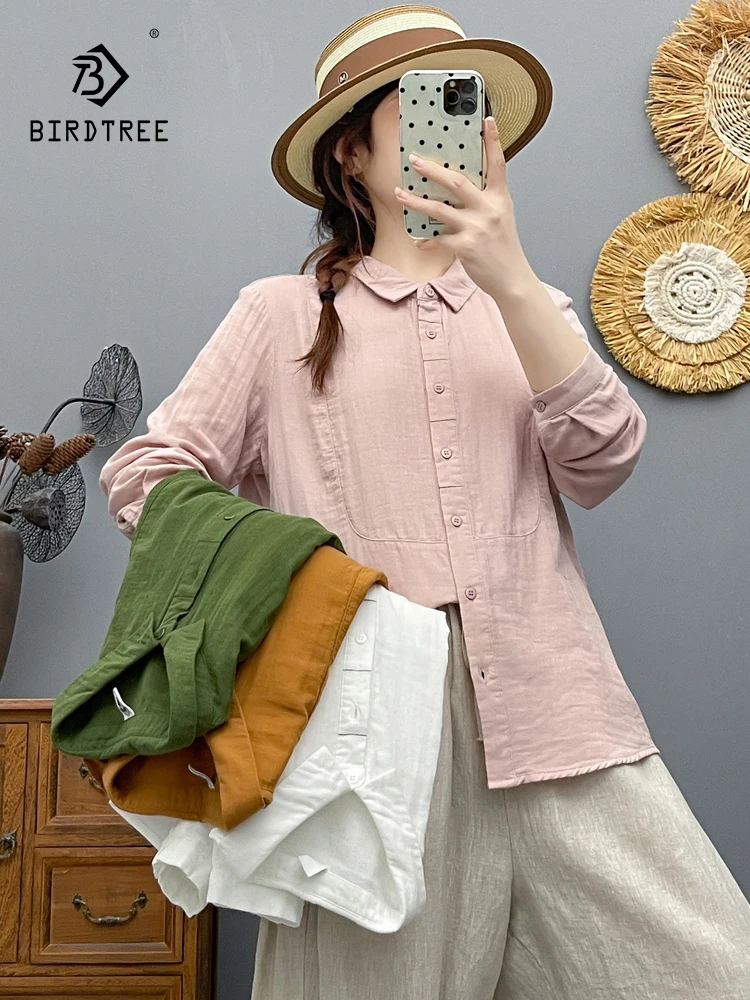 

New 2025 Autumn Cotton Yarn Long Sleeve Shirt, Women Turn-down Collar Solid, Mori Girl Office Lady Casual Loose Blouse T58822CC
