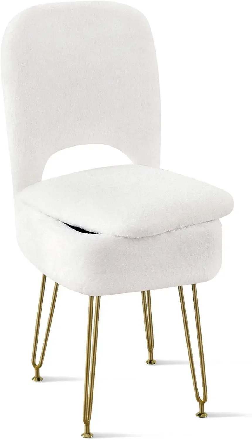 

Foldable Faux Fur Vanity Chair with Storage and Metal Legs for Bedroom or Dressing Area White