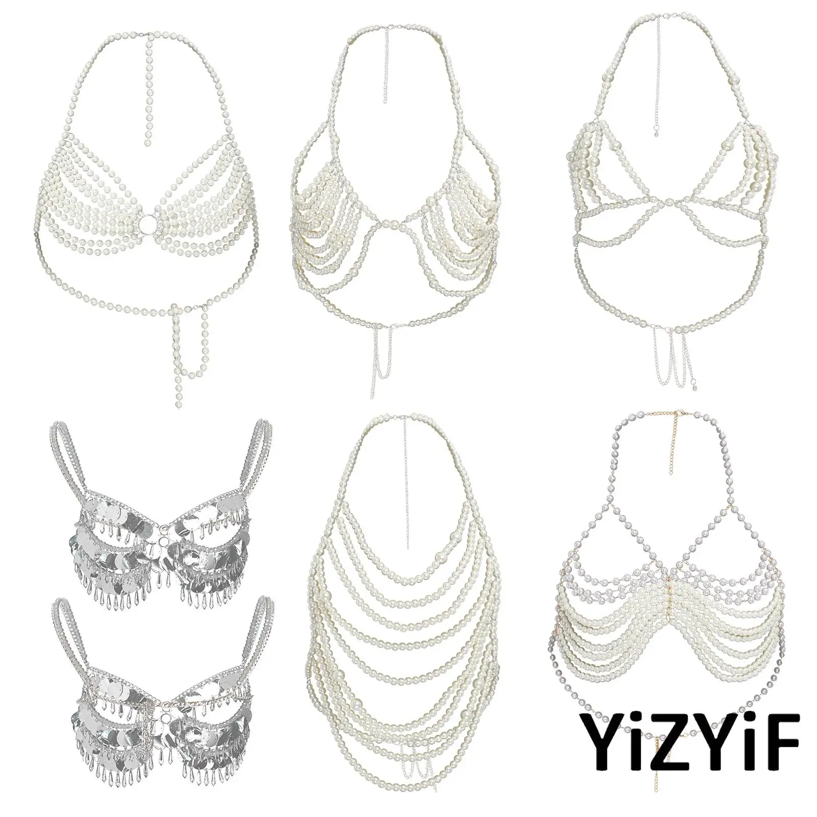

Erotic Womens Faux Pearl Body Jewelry Body Chain Shoulder Chain Luxurious Hollow Out Bra Tops for Beachwear Rave Party