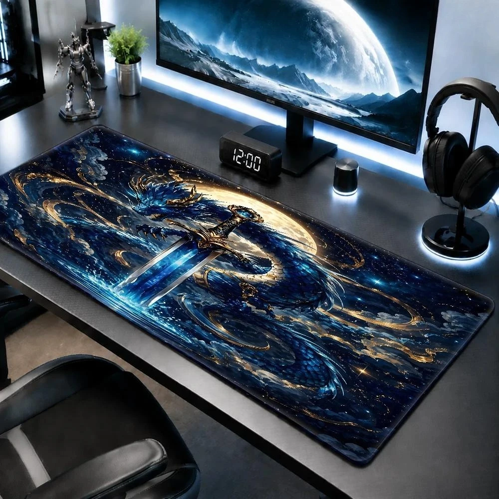 Large Gothic Fantasy Blue Dragon and Sword Mouse Pad Keyboard Mat - Mythical Universe Desk Mat pc accessories tapis de souris