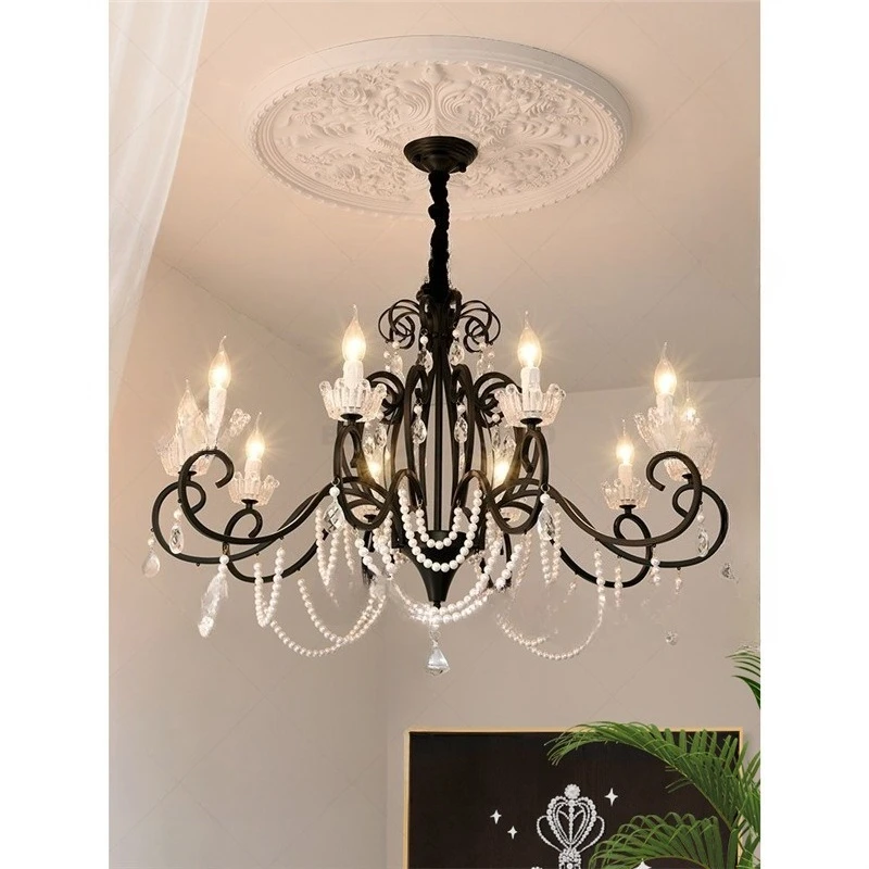 American light luxury candle crystal chandelier living room vintage black main lamp in the dining room