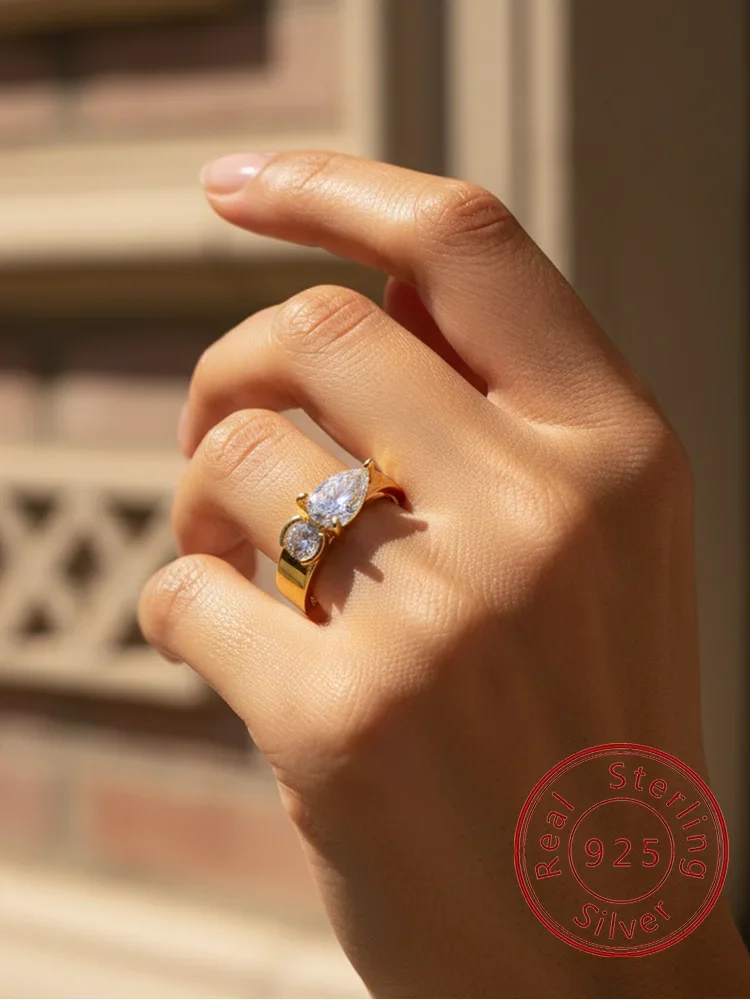Schlichter runder Wassertropfen-Zirkon-Ring aus 925er-Sterlingsilber für Damen, Jahrestag, Verlobung, Hochzeit, luxuriöser, hochwertiger Schmuck