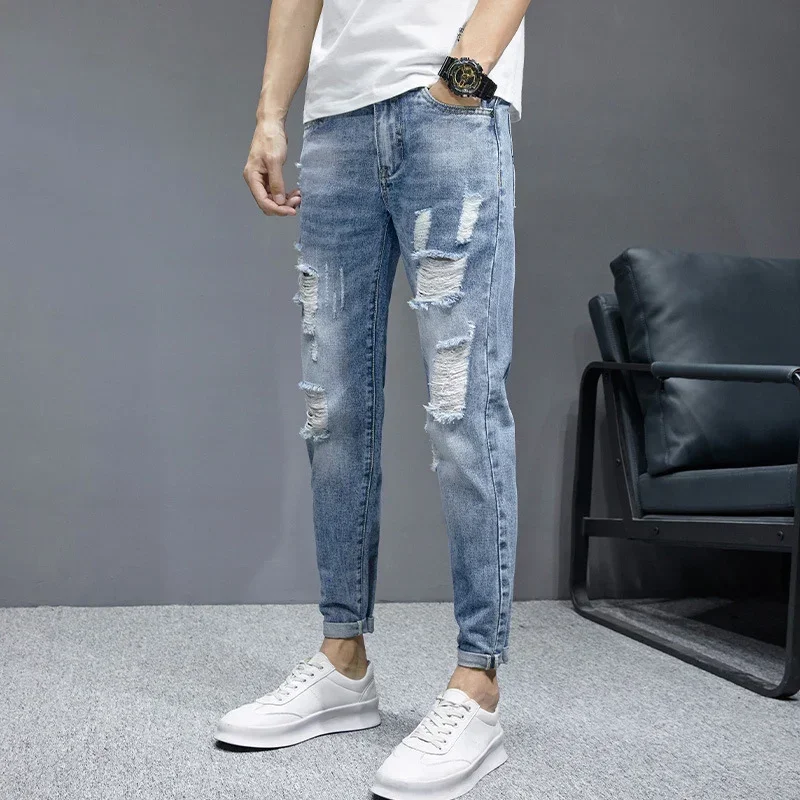 TFETTERS 2024 Spring Summer Men Ripped Jeans Cropped Mid Rise Stretch Hip Hop Punk Pencil Pants Streetwear Party Men Clothing