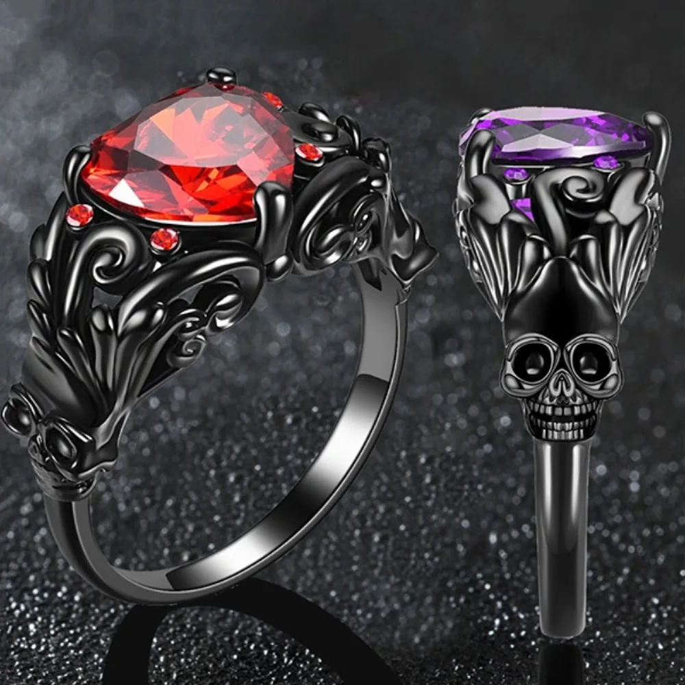 الجمجمة القوطية خواتم القلب الأسود الحب الأحمر الأرجواني كريستال زركونيا عيد الميلاد عيد الحب المشاركة النساء المجوهرات #1