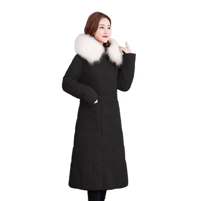 Fashion New Thick Knee Length Cotton Coat Winter Jackets Slim Women Parkas Big Fur Collar Solid Hooded Outerwear Female Trend