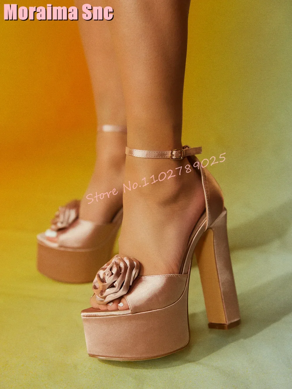 Platform Satin Flower Peep Toe Sandals Block Chunky Heel Ankle Buckle Strap Sexy Women Shoes Summer Fashion Champagne Solid 2023