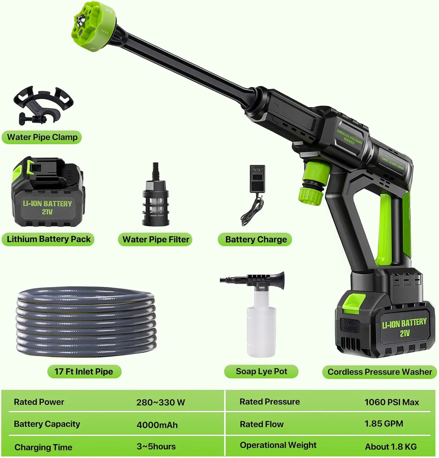 Cordless Pressure Washer, 6-in-1 Nozzle Portable Handheld Power Washer Brushless 1200 PSI, 4.0 Ah Battery Operated 3