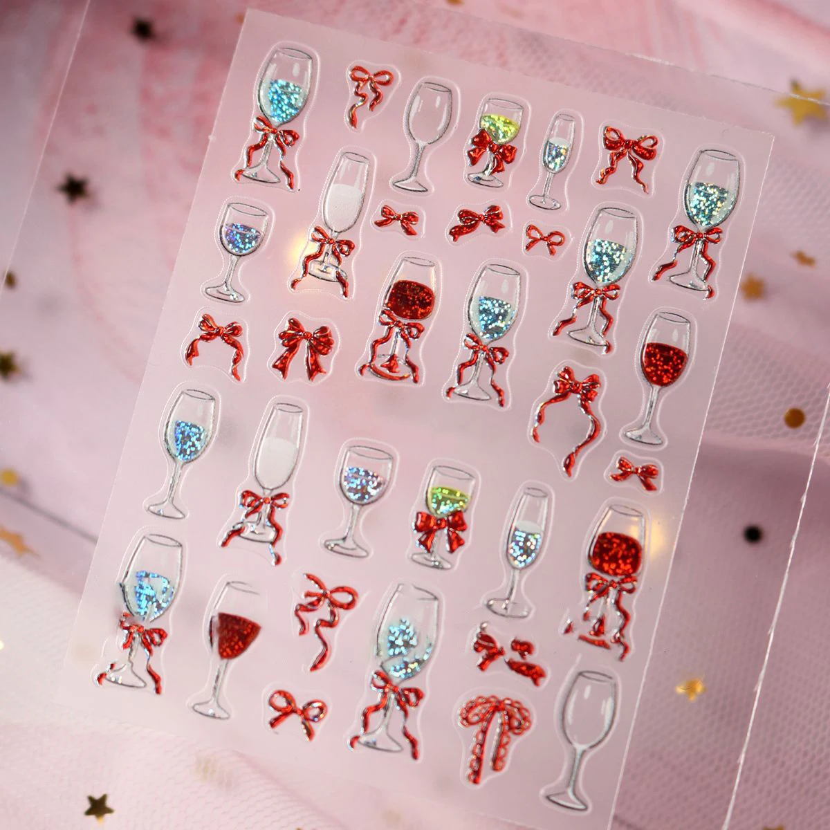 1 Blatt 3D Valentinstag Nagelaufkleber Glänzende Persönlichkeit Bogen Weinglas Nail Art Aufkleber Rote Schleife Maniküre Dekorationen Abziehbilder