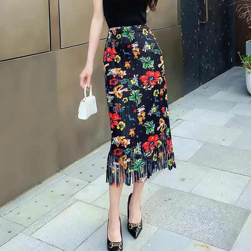 Woman Clothing Miyake Design Sense Printed Tassel Skirt Women's Spring High Waist Loose Fold Over Skirt Medium and Long Section