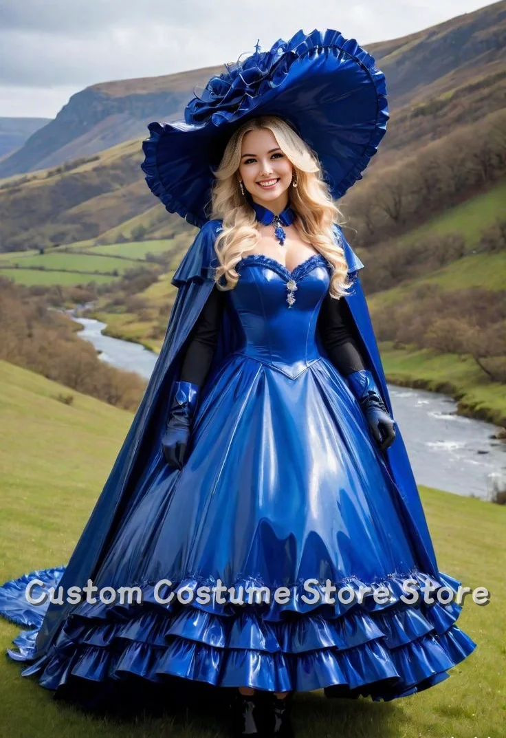 

Customized Medieval Vintage Victorian prom dresses Blue shawl V-neck ruffled waist A-line ruffled hem Evening Dress