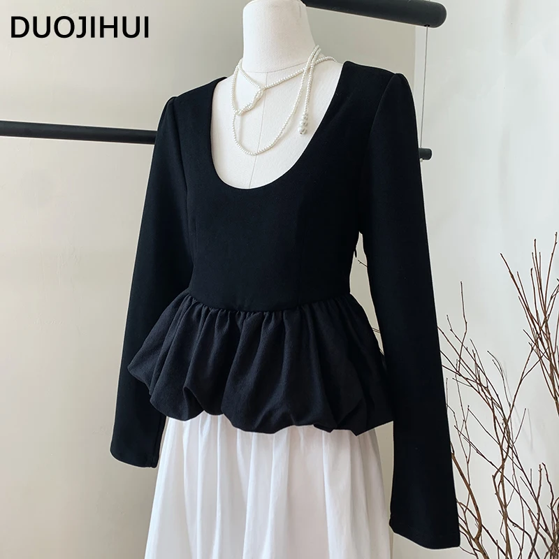 DUOJIHUI Autumn New Chic Neck Contrast Color Female Tops Korean Style Loose Simple Long Sleeve Fashion Slim Casualwomen Clothes