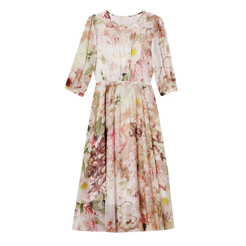 فستان نسائي شيفون مطبوع عليه زهور للربيع والصيف بأكمام 3/4 وخصر عالي تنورة متوسطة الطول للتنحيف نمط سيدة أنيقة