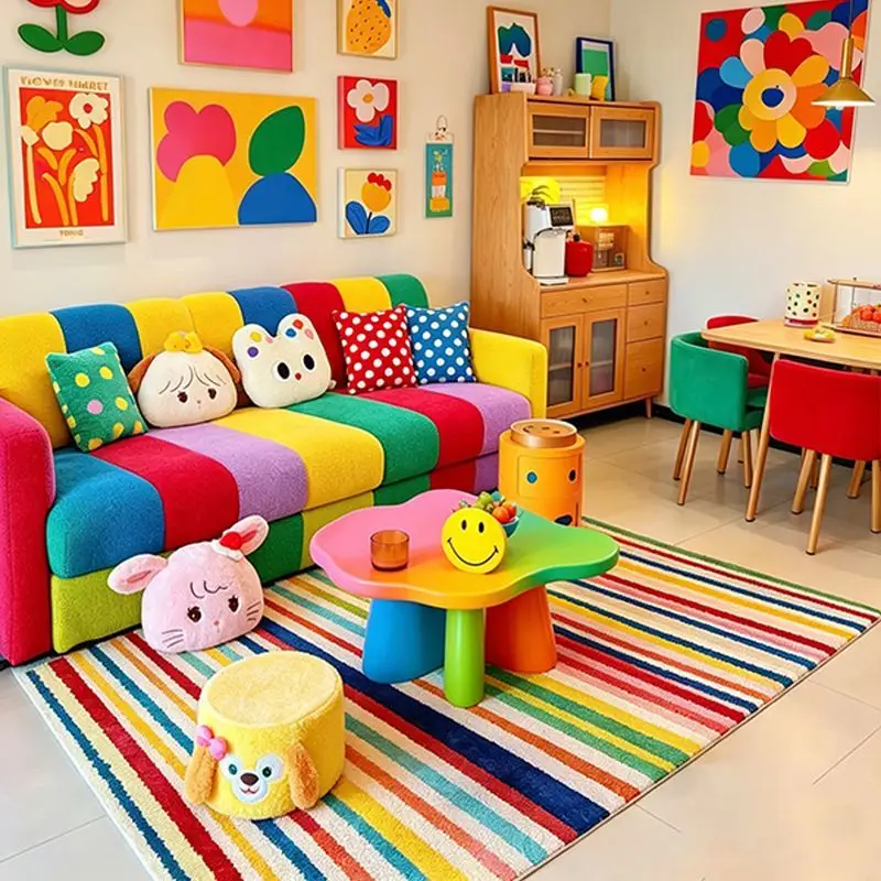 Ins Dopamine Color Living Room Carpet Modern Cute Bedroom Non-slip Washable Decoration Rug Soft Short Velvet Study Floor Mats