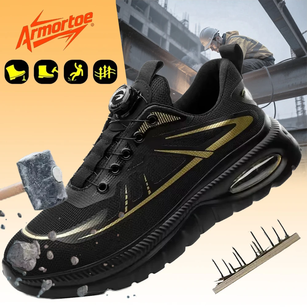 

ArmorToe Steel Toe Shoes Summer Breathable Protective Shoes Rotary button anti piercing Man Tactical Boots NEW Black #Armor2001