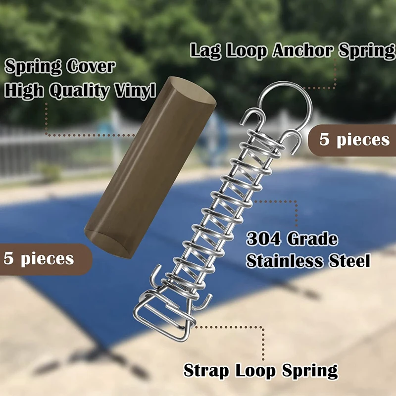 5 Pack Silver & Gray Stainless Steel Springs + Protective Sleeves For Swimming Pool Cover With Stopper D Ring