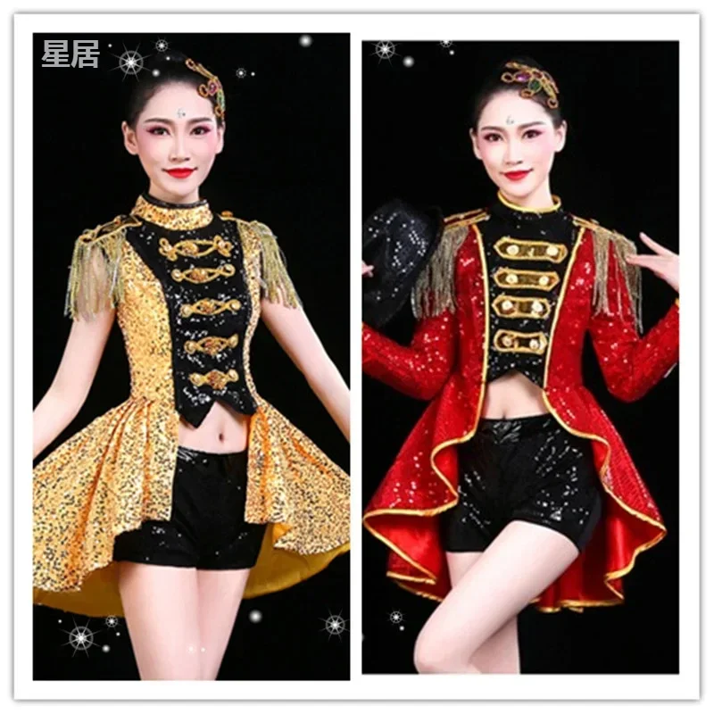 

New Women Group Jazz Dance Performance Outfits Nightclub Singer Sexy Red Tassel Sequin Tops Slim Shorts Fashion Stage Costumes