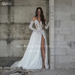 Qanz strand trouwjurken voor bruid vrouwen lange mouwen kant applicaties boho aangepaste split bruidsjurk vestidos de novia