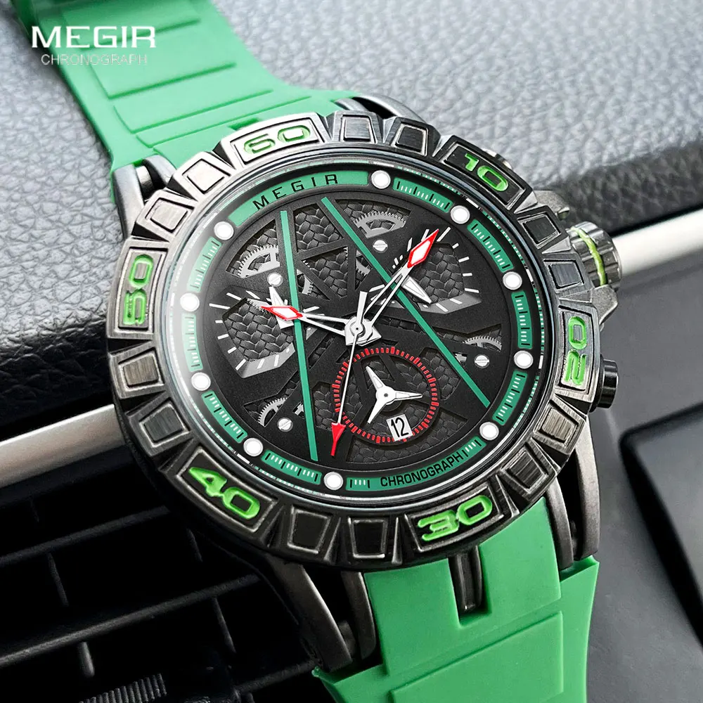 MEGIR Analog Quartz Watch for Men Fashion Silicone Strap Chronograph Waterproof Wristwatch with Auto Date Luminous Hands Green