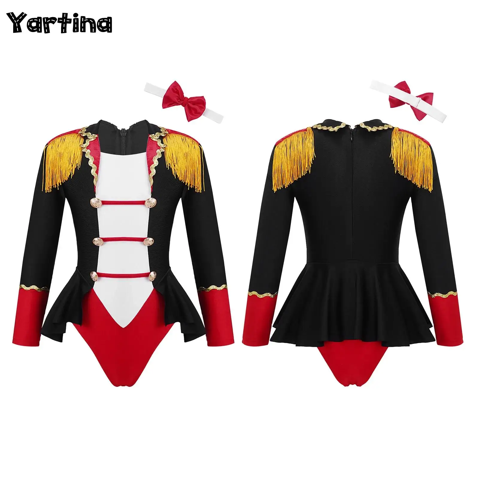 

Kids Girls Circus Ringmaster Lion Tamer Showman Roleplay Costume Long Sleeves Tassel Buttons Adorned Cosplay Jumpsuit with Tie