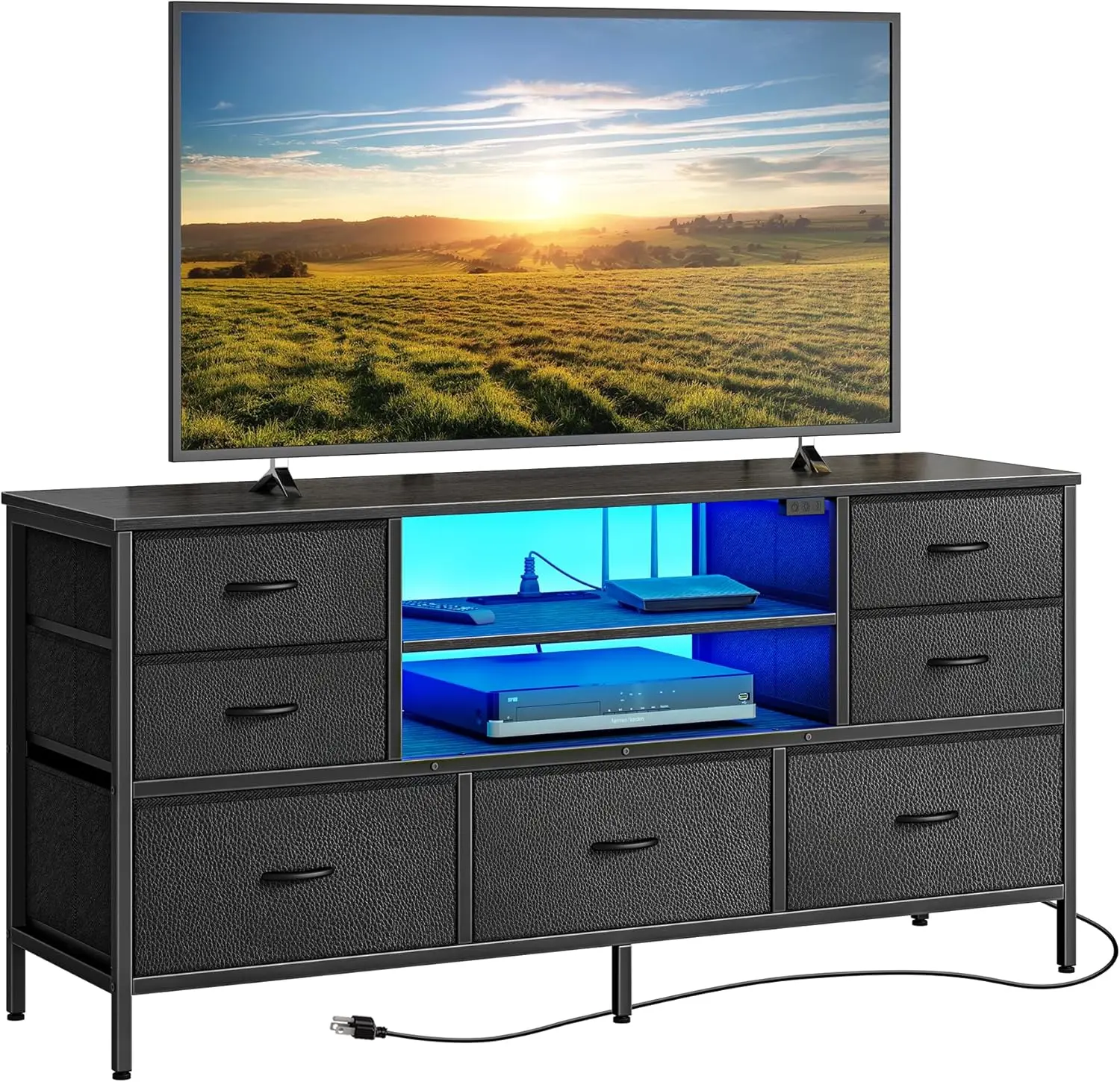 

Dresser for Bedroom with Power Outlets and LED Lights, 7 Drawers TV Stand Dresser for 55 Inch TV, 47 Inches TV Console with Open