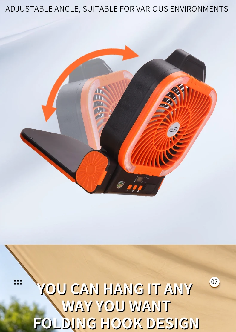 Solarbetriebener Campingventilator, tragbarer, wiederaufladbarer Tischventilator für den Außenbereich mit LED-Licht, Powerbank, Klapphaken für Zelt und Angeln – Detail 11