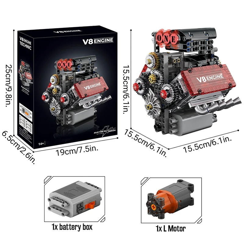 Baksteen V8 Motor Gemotoriseerd Simulatiemodel Elektrisch aandrijving Bouwstenen Technische auto-onderdelen Creatief speelgoed Geschenken Jongens Volwassen