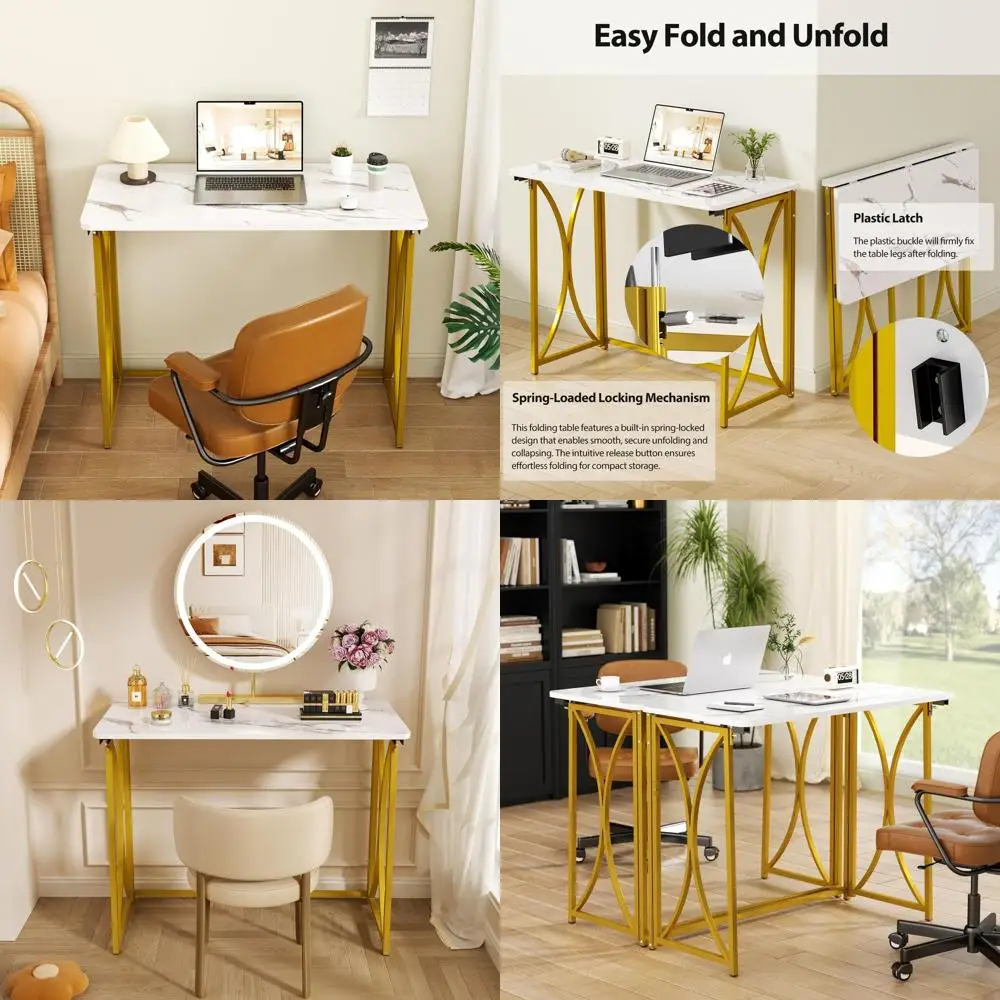 

Compact Folding Desk for Small Spaces: White and Gold, Easy Assembly, Ideal for Home Office or Bedroom