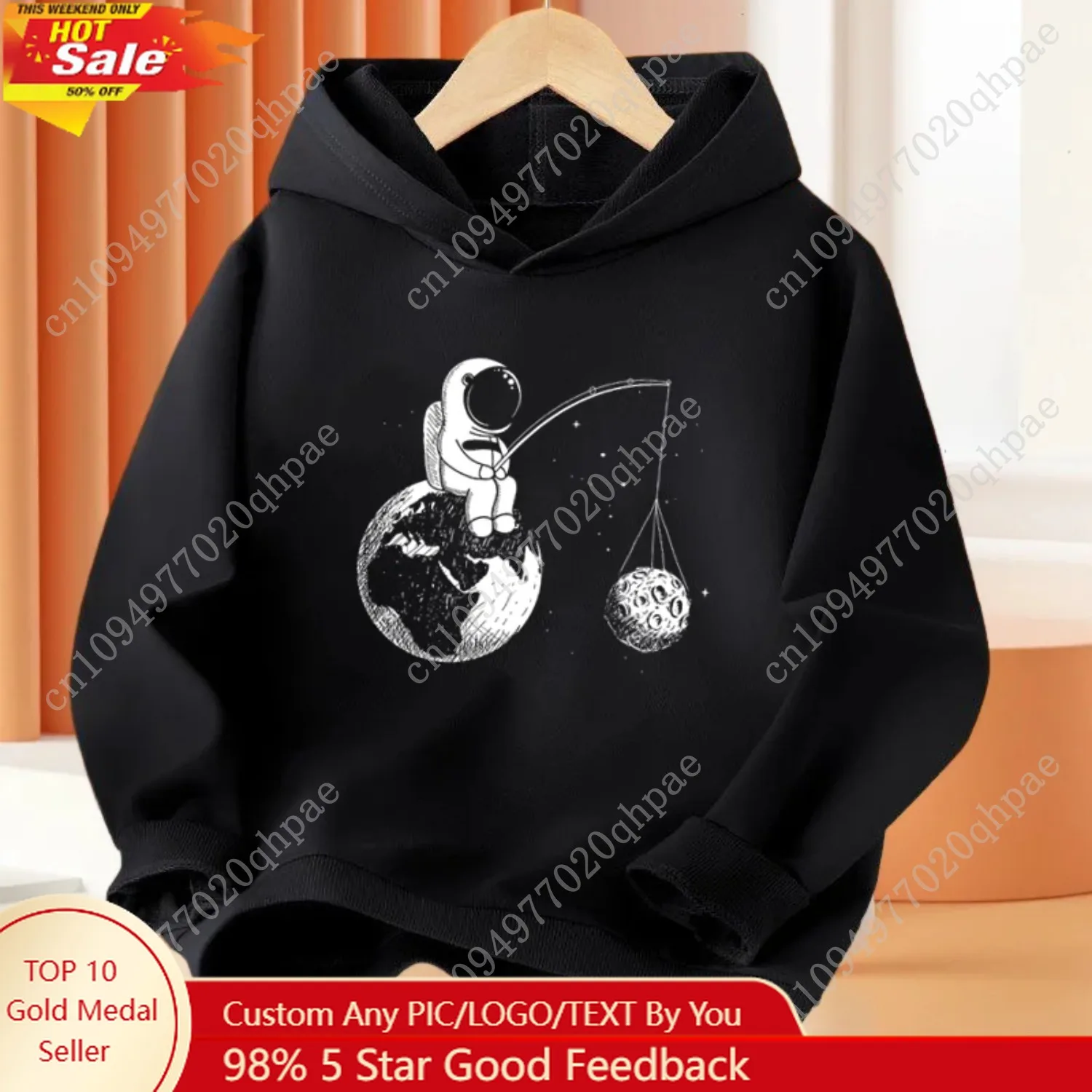 

Boys 3-14Year Cartoon Space Astronaut Fishing The Moon Long Sleeve Hoodie Children Funny Tops Kids Cotton Basic Coat