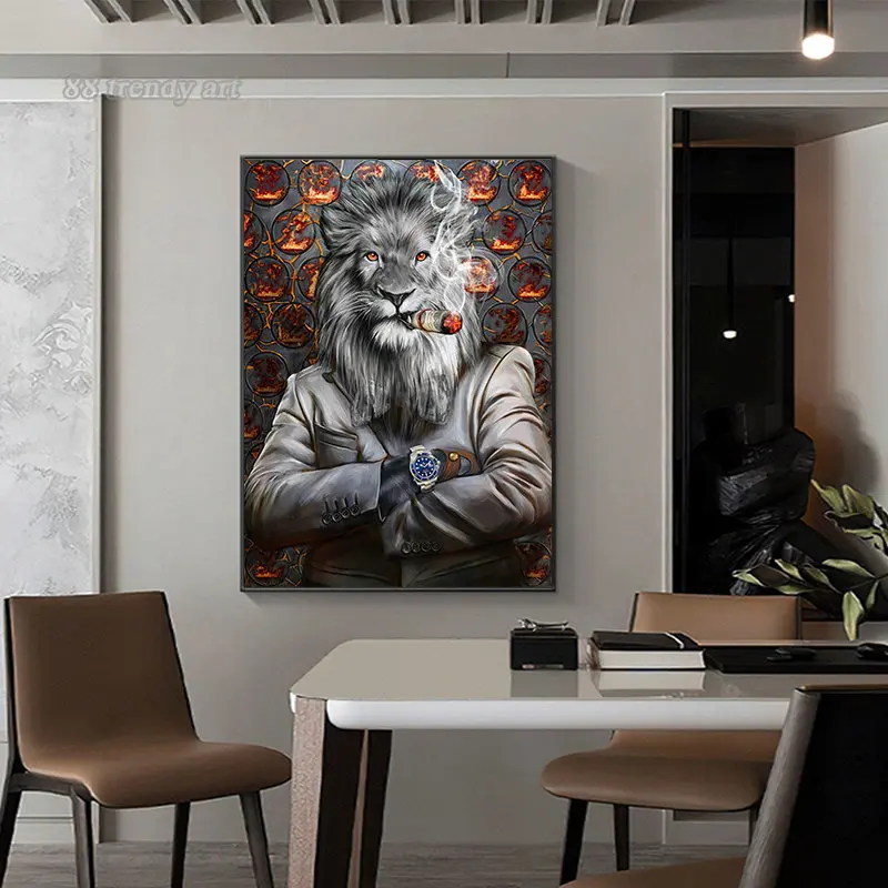 The Rich Businessman Mr. Lion King Smoking Dollar Cigarette Canvas Painting Luxury Animal Wall Art Poster Picture for Home Decor