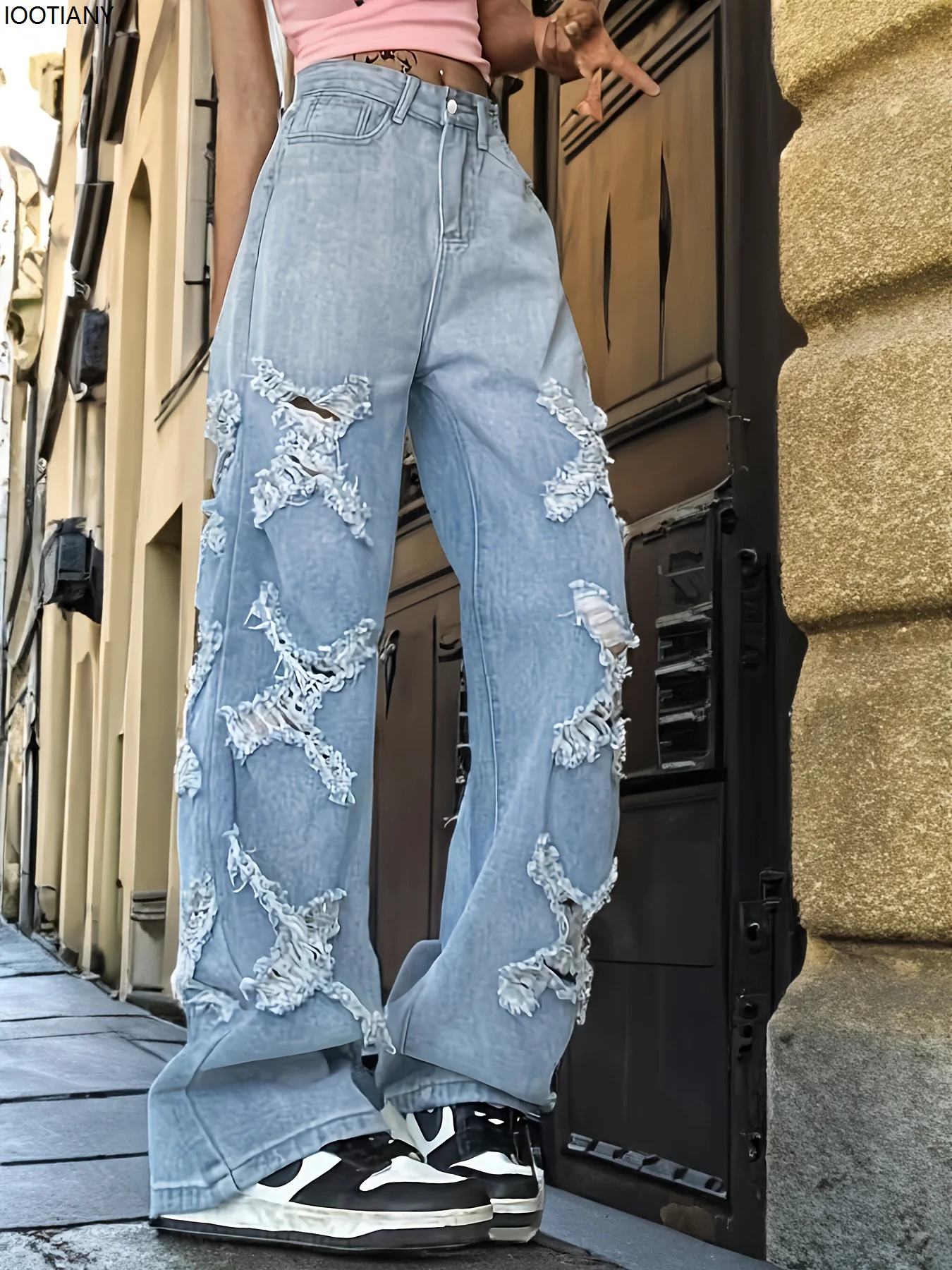 Personalized High Waist Ripped Jeans Straight Loose Wide Leg Pants Spring And Autumn Korean Loose Jeans Fashionable Adult Jeans