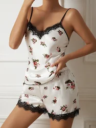 Women Pajamas Sleepwear 2pcs/set Nightgowns Camisole and Shorts White Floral Printing Summer Soft Comfortable Pijamas Lingerie