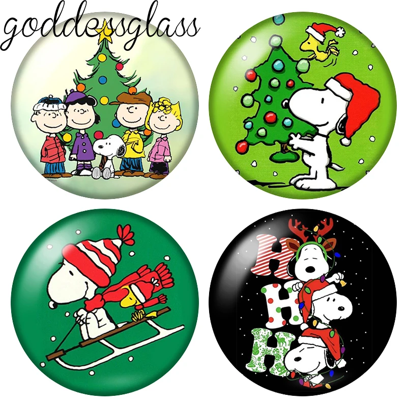 Snoopy Weihnachtsbaum Winter Frohes Neues Jahr 12mm/18mm/20mm Fotoglas-Cabochon mit flacher Rückseite zur Herstellung von Schlüsselanhänger-Schmuck