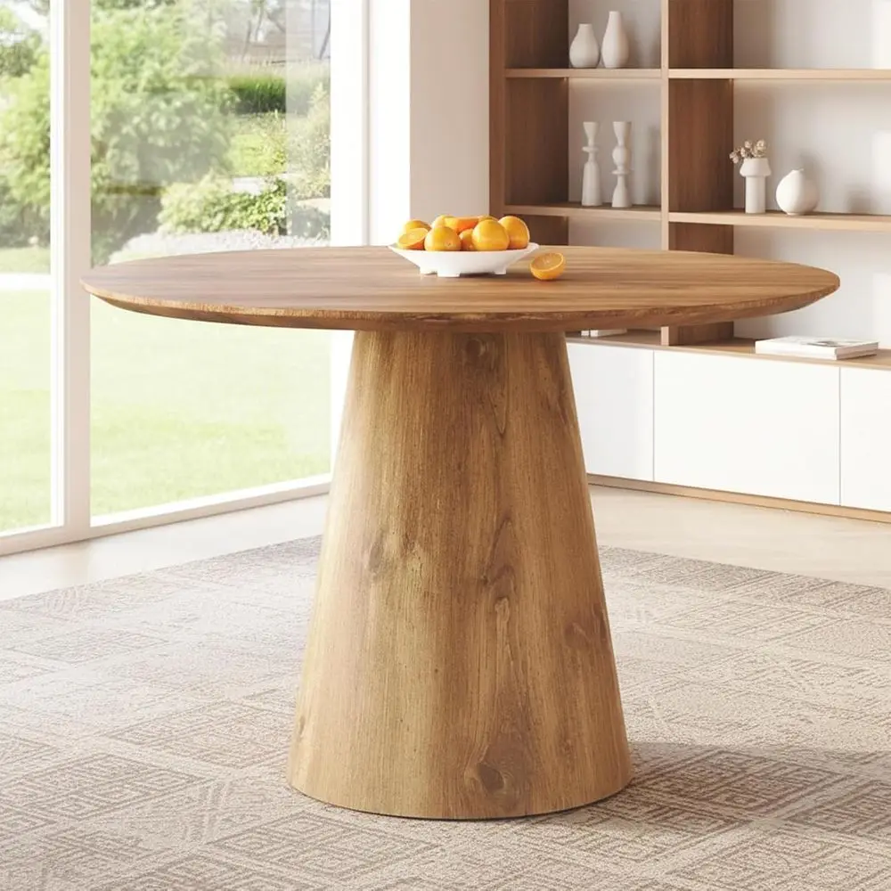 

45 Round Wooden Dining Table with One-Piece Top and Stable Pedestal Base for Small Spaces