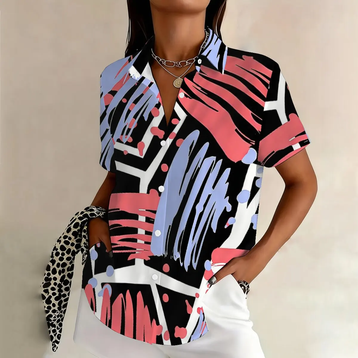 

Summer women's plus-size short-sleeve shirt, contrasting color graffiti,eye-catching personality,suitable for workplace, casual