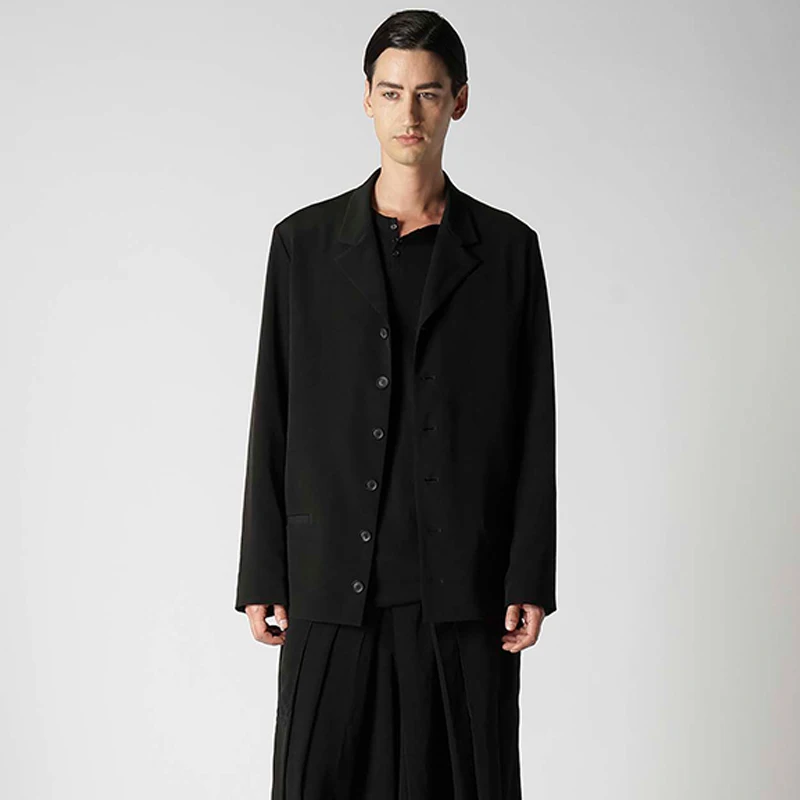 YOJI OOAK التصميم الأصلي كم طويل أسود عارضة خندق معطف دعوى طوق واحدة الصدر معطف أعلى الاتجاه الرجال