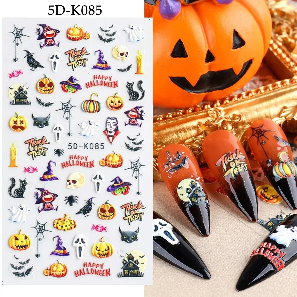 

5D Halloween Nail Art Stickers Embossed Pumpkin and Skull Cartoons Bat Lace Nail Patch for Festive Manicures Halloween Nail