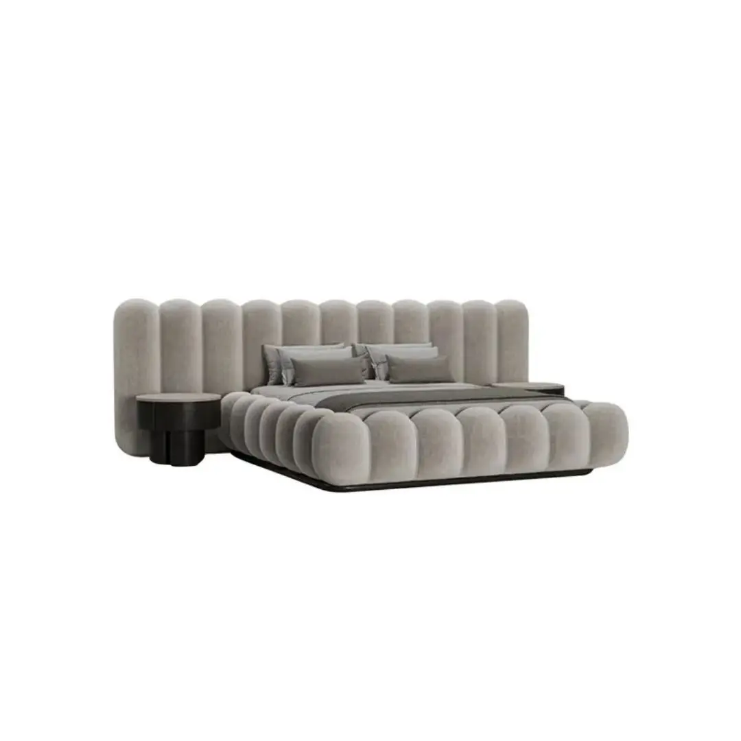 

%&Light Luxury Velvet Bed Queen & King Size Tufted Design Luxury Wooden Frame for Villa Wedding Bedroom Furniture With Bedhead