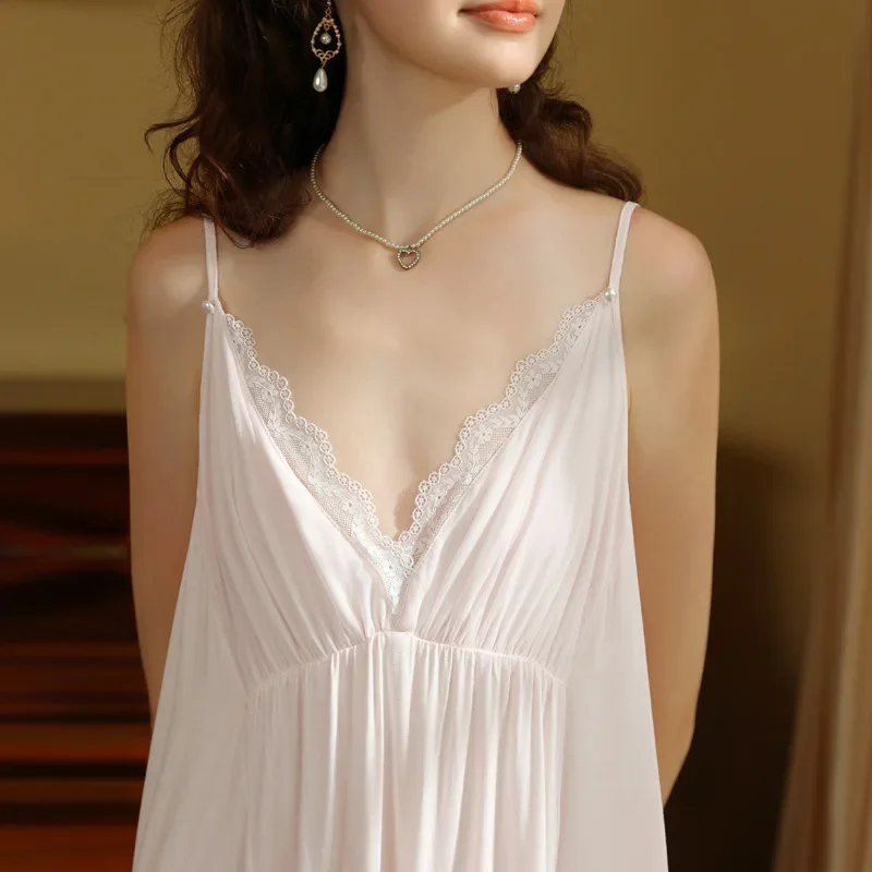 

suspenders Night Dress Women Summer Sexy Sleepwear Princess Nightwear Homedress Vintage Sweet Lace Slim Long Nightgown